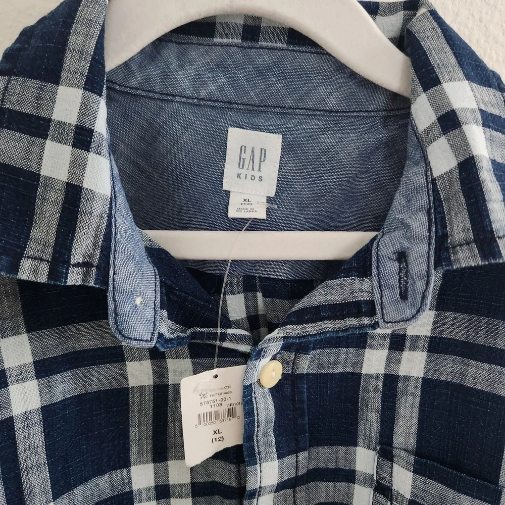 Gap Kids Long Sleeve Plaid Button‎ Up Shirt Blue White Size XL 12 NWT
